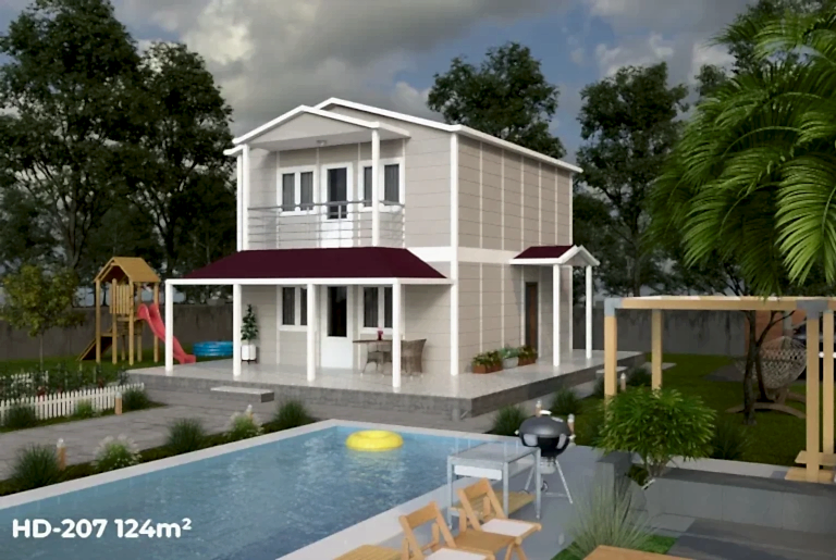 Havuz kenarında yer alan HD-207 124 m² dubleks prefabrik ev, yan cepheden görünüm, geniş balkon ve ferah veranda detaylı.