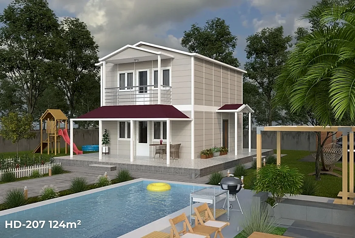 Havuz kenarında yer alan HD-207 124 m² dubleks prefabrik ev, yan cepheden görünüm, geniş balkon ve ferah veranda detaylı.