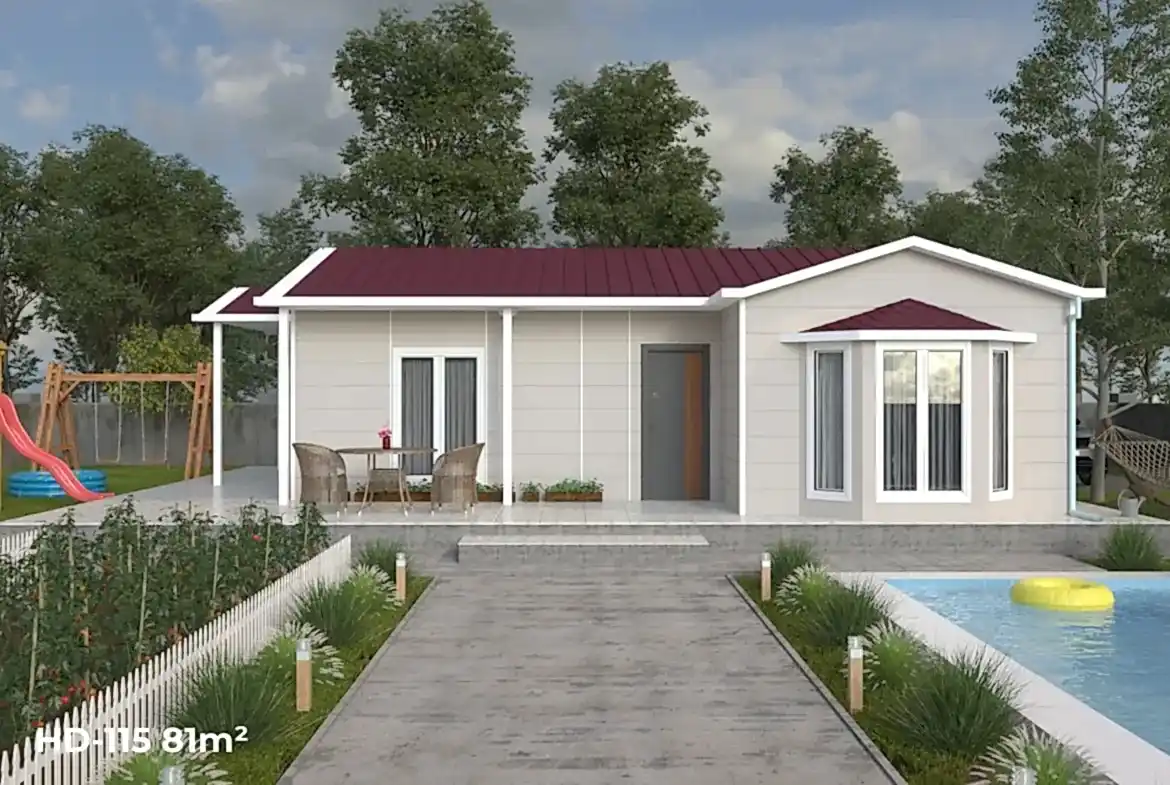 Tekirdağ’ın Çorlu, Saray, Marmaraereğlisi, Kapaklı ve Malkara bölgelerinde dört mevsim konfor sunan HD-115 81 m2 3+1 çelik evin estetik ön cephe tasarımı.