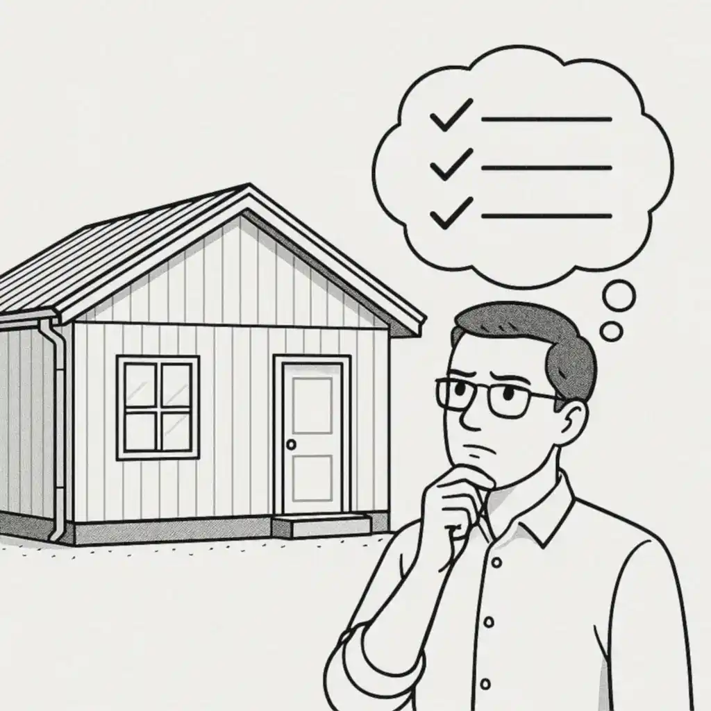 Prefabrik ev satın alırken dikkat edilmesi gerekenleri düşünen bir kişi ve yanında prefabrik ev çizimi