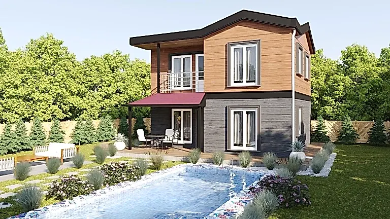 HDS-202 100 m² dubleks çelik ev – ahşap ve gri cephe kombinasyonu, havuz kenarı modern ev