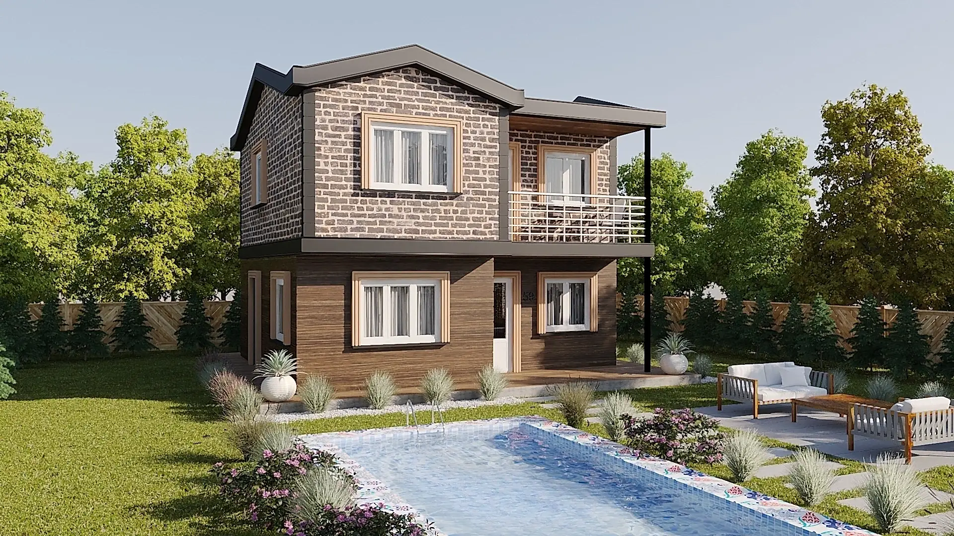 Ahşap dokulu koyu renk cepheli HDS-204 dubleks çelik ev, peyzajlı bahçeyle uyumlu görünüm