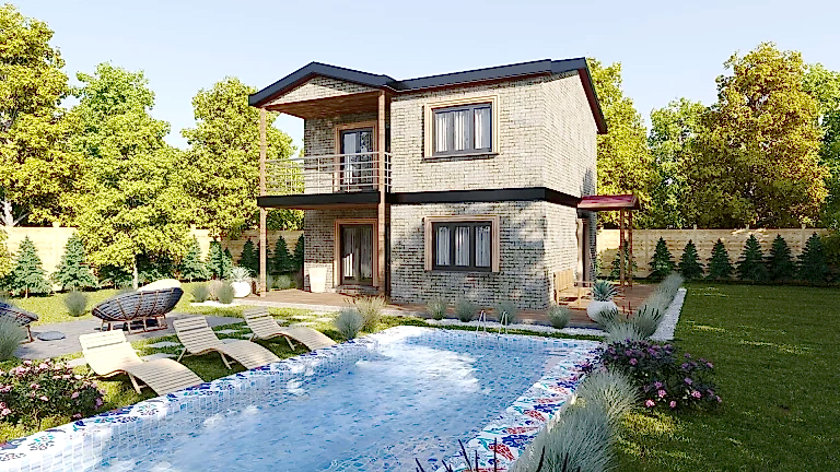 Havuzlu bahçesiyle taş kaplama dış cepheli HDS-206 118 m² dubleks çelik ev
