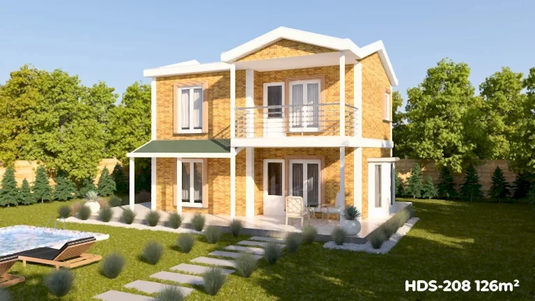 Sarı cepheli HDS-208 126 m² 3+1 dubleks çelik ev, modern mimarisi ve geniş terasıyla ferah yaşam alanı.