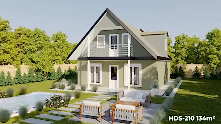 HDS-210 model 134 m², 3+1 beşik çatılı bungalov çelik evin havuz kenarından yan cephe görünümü