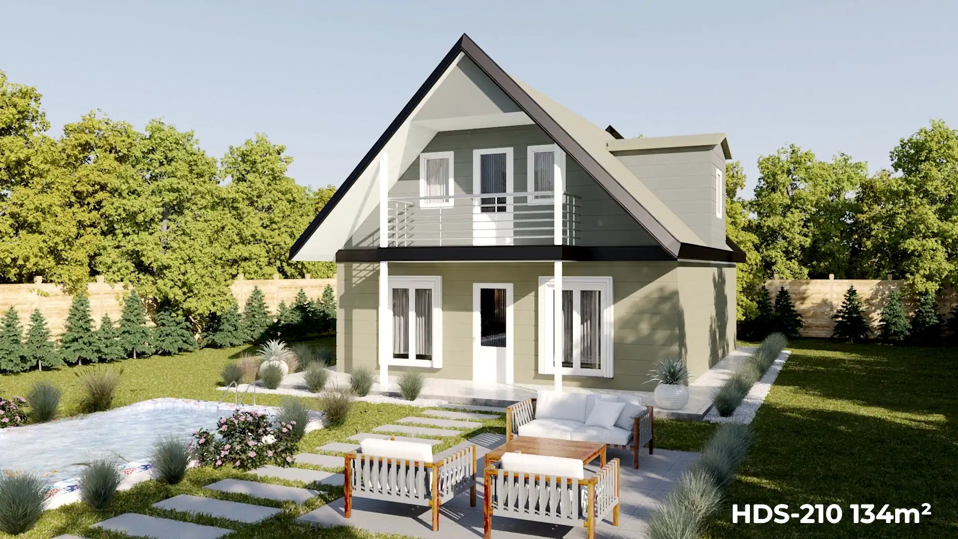 HDS-210 model 134 m², 3+1 beşik çatılı bungalov çelik evin havuz kenarından yan cephe görünümü