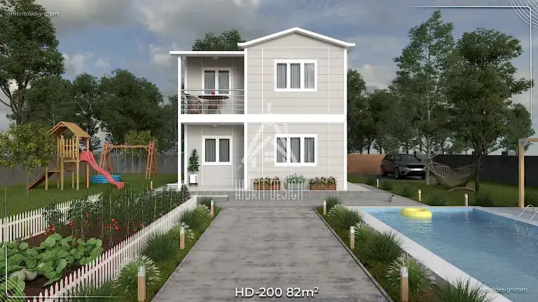 HD-200 82 m² 2 katlı prefabrik ev – 2+1 plan, 2 banyolu, balkon ve geniş verandalı ön giriş
