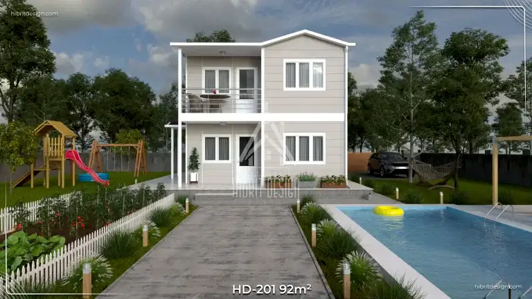 HD-201 92 m² 2 katlı dubleks prefabrik ev – ön giriş, geniş veranda ve balkonlu tasarım