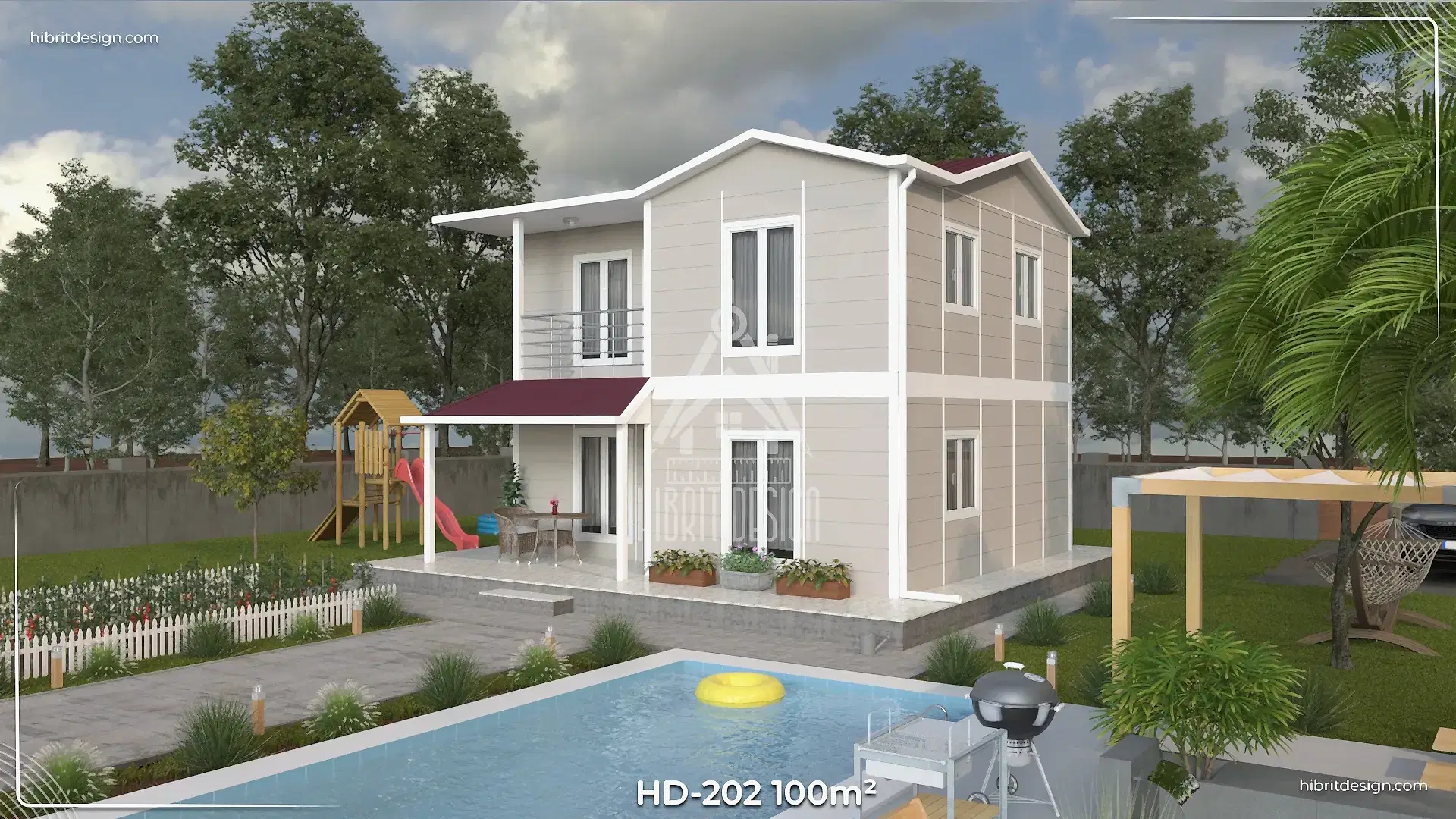 HD-202 100 m² 2 katlı dubleks prefabrik ev – 2+1 oda, 2 banyo, bahçeli arka cephe