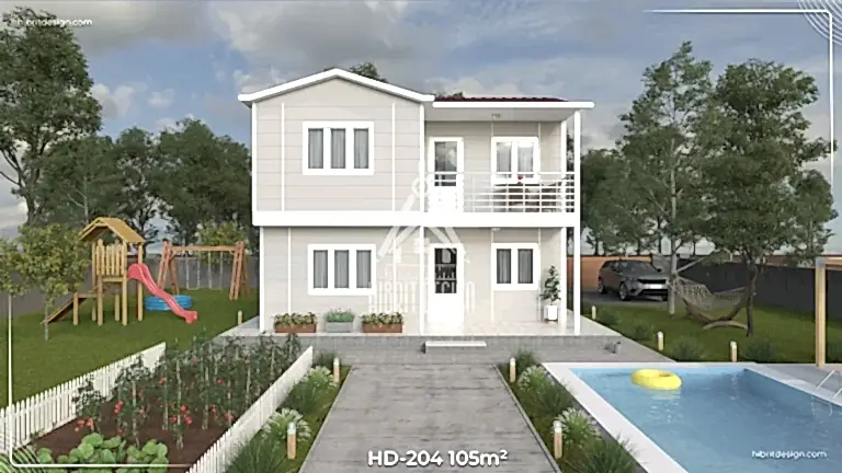 : HD-204 105 m² 3+1 çift katlı prefabrik ev, Tekirdağ’da modern ön cephe havuzlu ve balkonlu tasarım