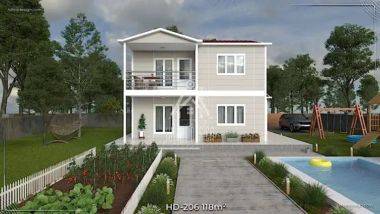 HD-206 118 m² 3+1 dubleks prefabrik ev – ön cephe düz bakış, geniş balkon ve rüzgârlıklı giriş