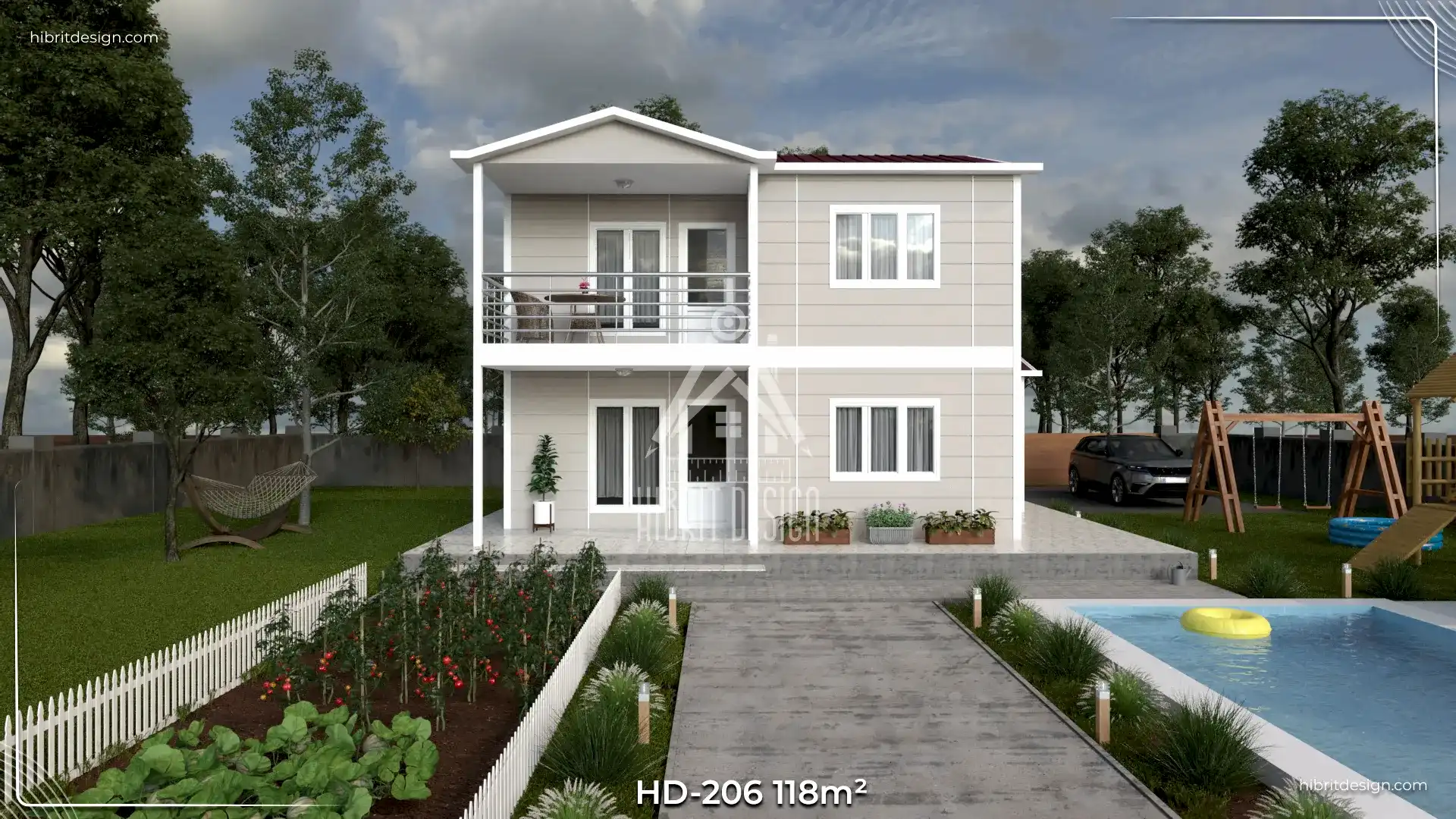 HD-206 118 m² 3+1 dubleks prefabrik ev – ön cephe düz bakış, geniş balkon ve rüzgârlıklı giriş
