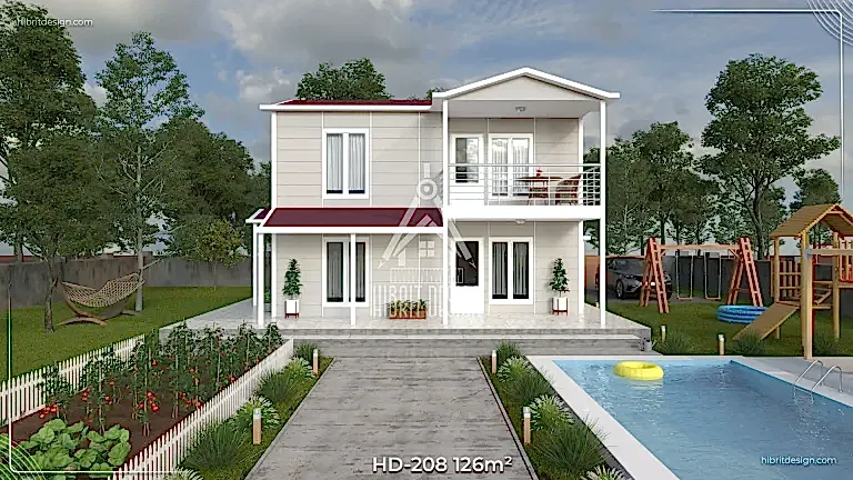 Dubleks prefabrik ev HD-208 – 126 m², 3+1, iki katlı modern tasarım, geniş balkon ve ferah veranda