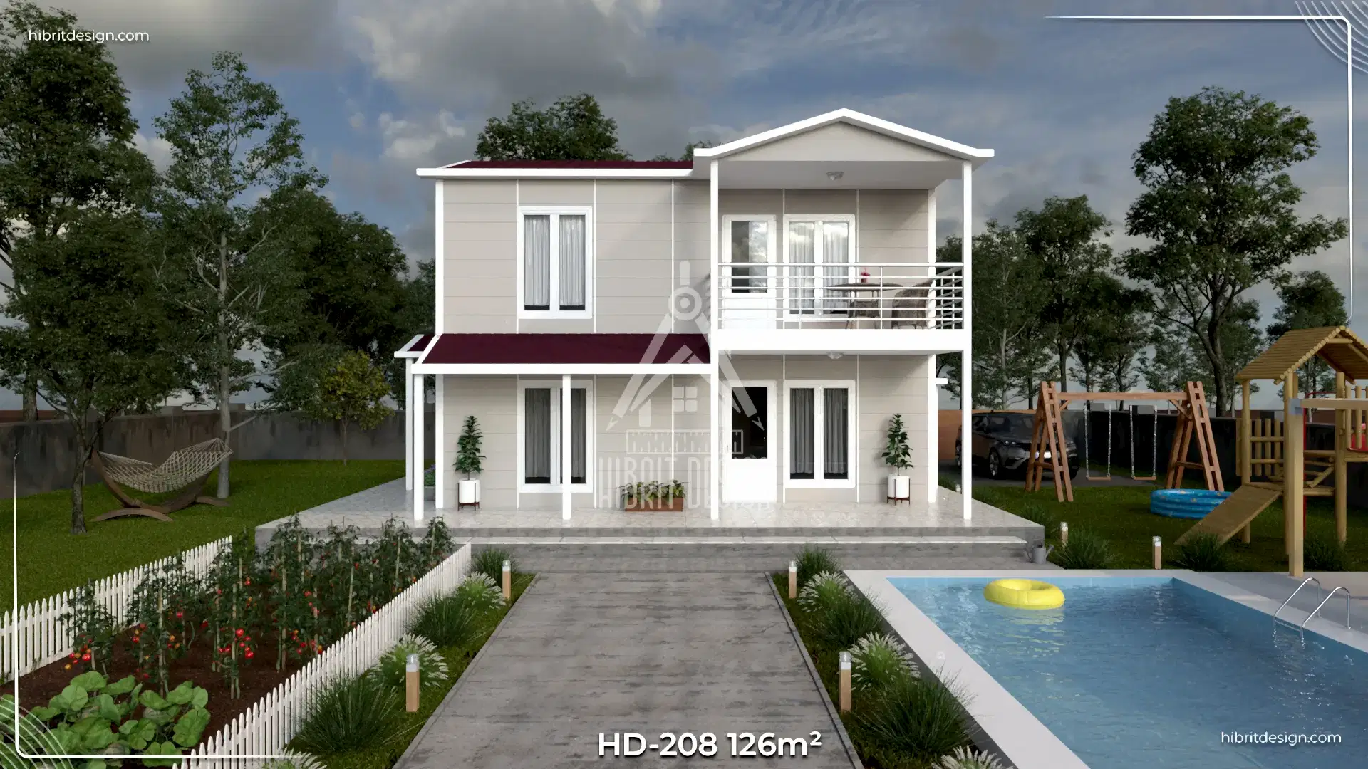 Dubleks prefabrik ev HD-208 – 126 m², 3+1, iki katlı modern tasarım, geniş balkon ve ferah veranda