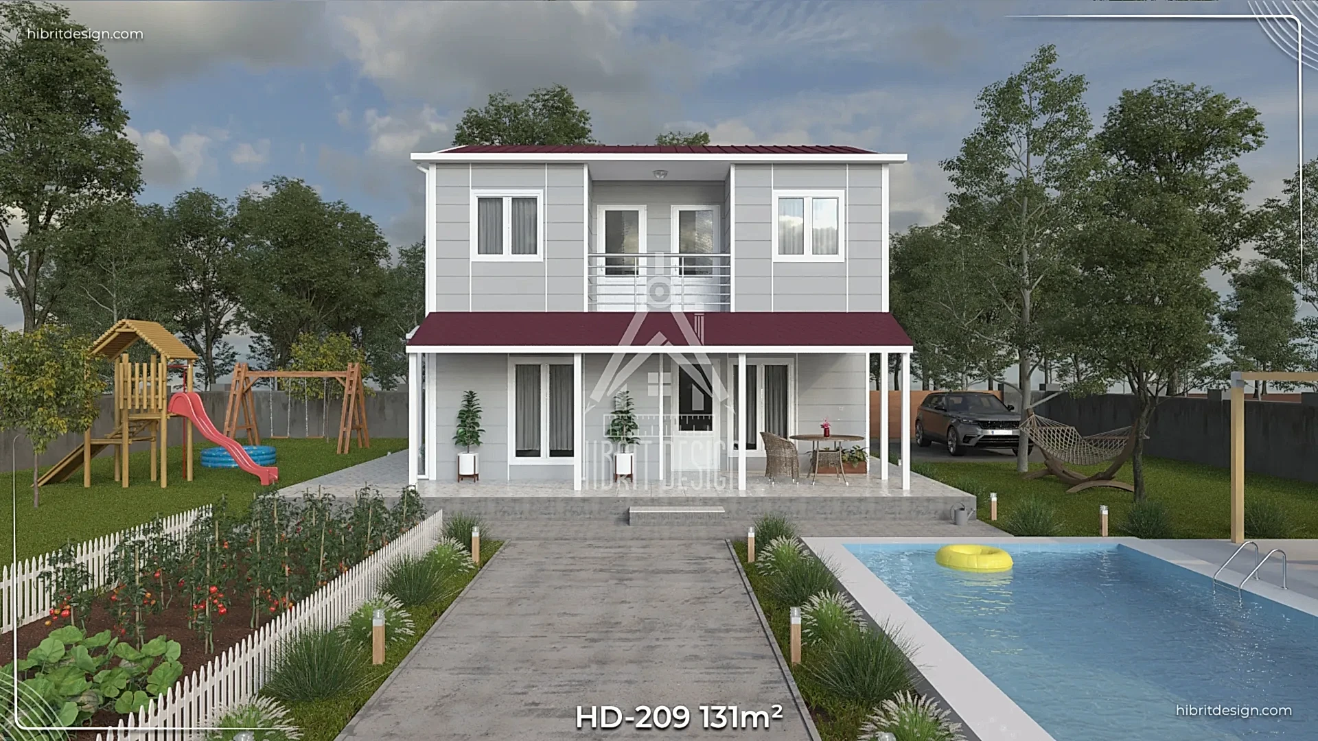 HD-209 131 m² dubleks prefabrik evin önden cephe görünümü, geniş veranda ve üst balkon detayları.