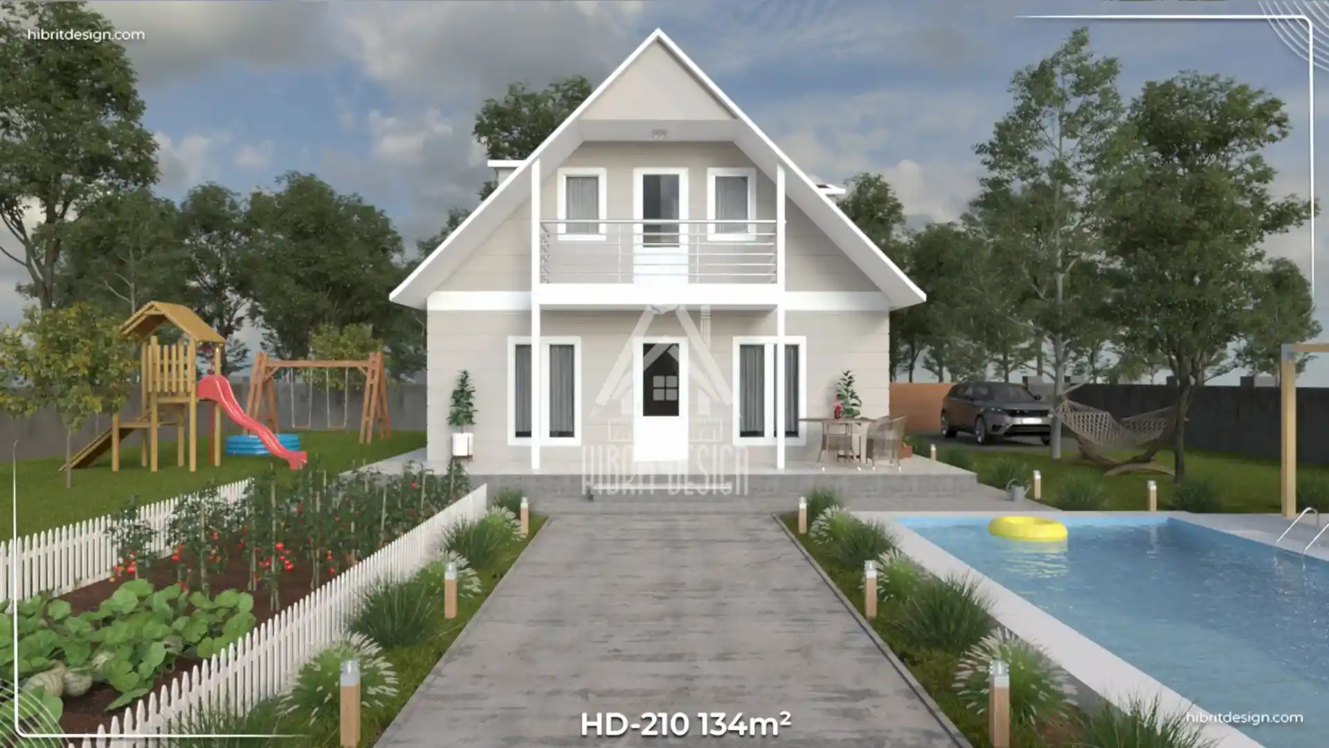HD-210 134 m² dubleks çelik ev, yan cephe görünümü, geniş bahçe ve veranda detaylı