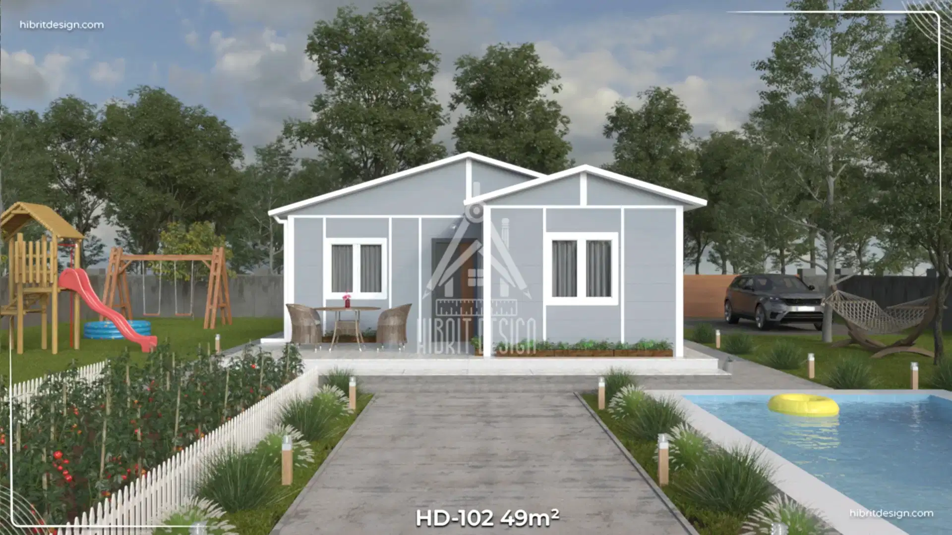 1920x1080 piksel çözünürlüklü HD-102 49 m² 2+1 tek katlı prefabrik ev – açık renk cephe, modern bahçeli tasarım ve geniş veranda görünümü