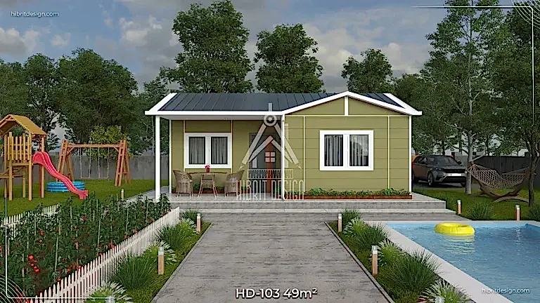 HD-103 49 m² 2+1 tek katlı prefabrik ev, bahçeli ve ferah veranda giriş cephe