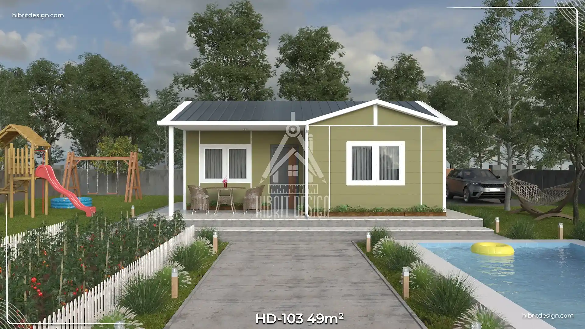 HD-103 49 m² 2+1 tek katlı prefabrik ev, bahçeli ve ferah veranda giriş cephe