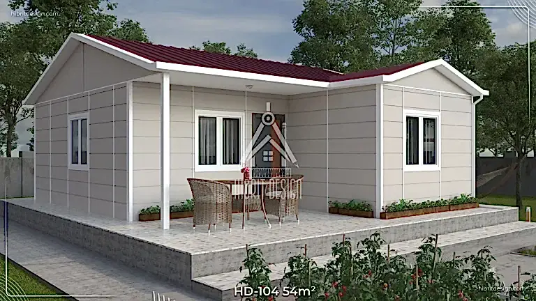 HD-104 54 m² 1+1 tek katlı prefabrik ev, bahçeli ve ferah ön giriş cephe