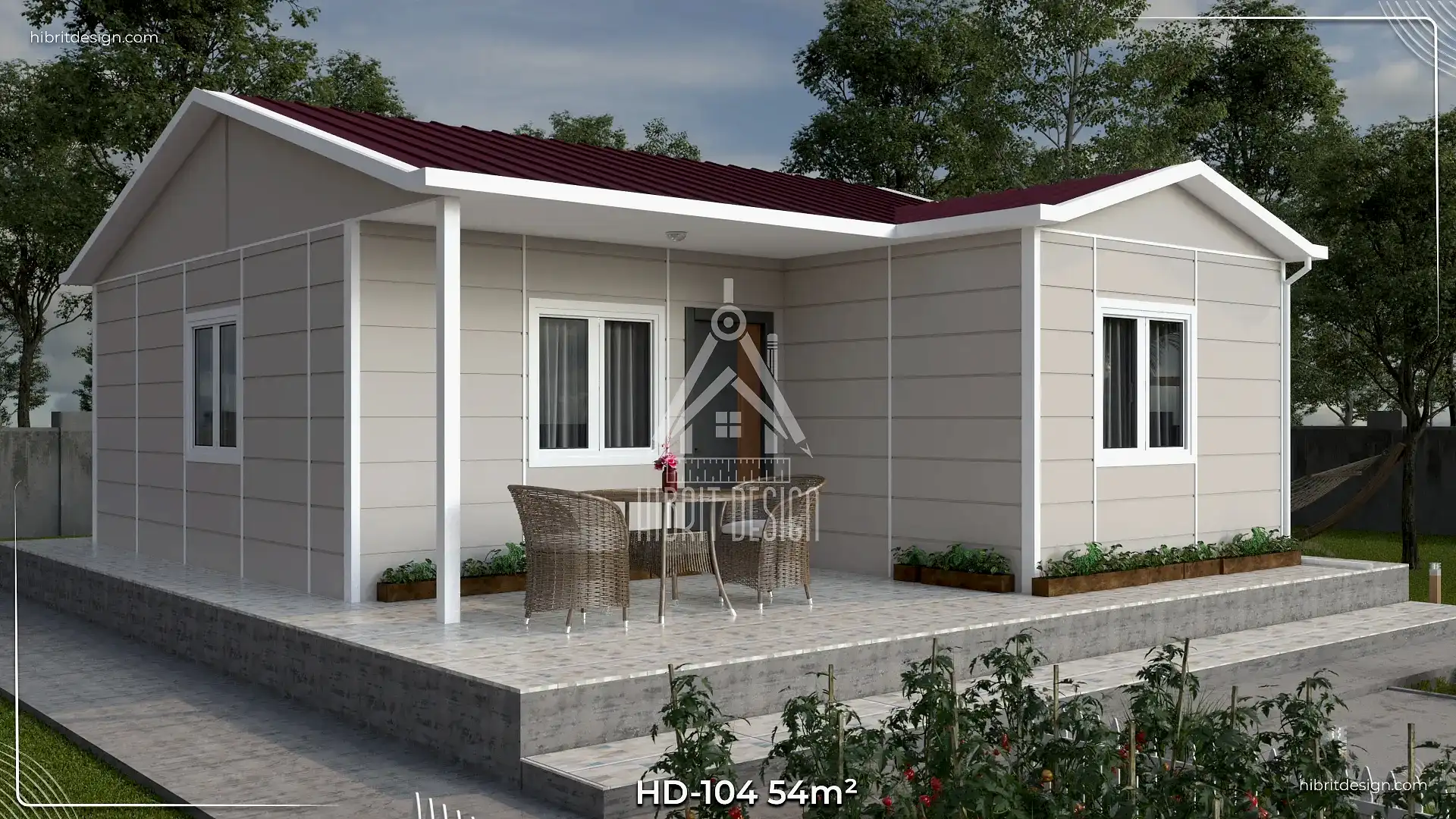 HD-104 54 m² 1+1 tek katlı prefabrik ev, bahçeli ve ferah ön giriş cephe