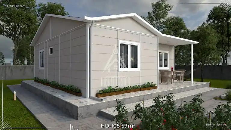HD-105 59 m² 2+1 tek katlı prefabrik ev, yan cephe ve geniş veranda görünümü