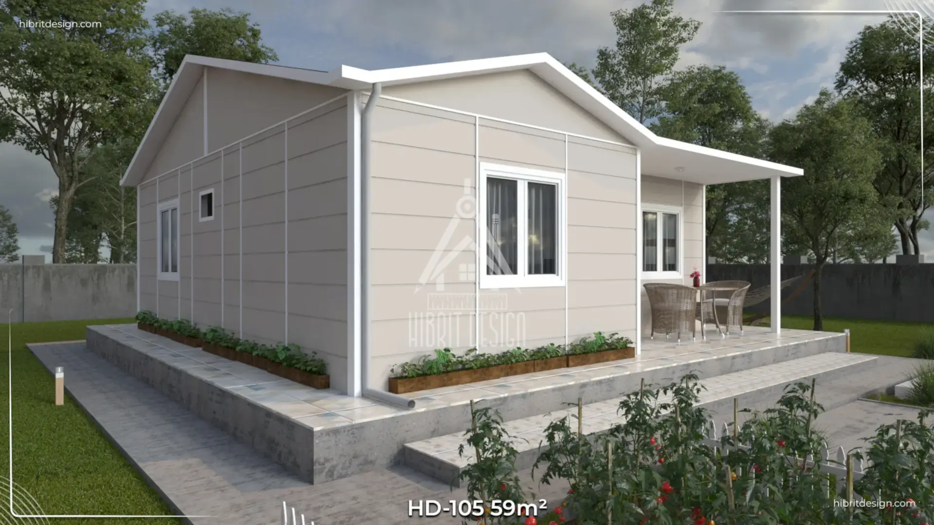 HD-105 59 m² 2+1 tek katlı prefabrik ev, yan cephe ve geniş veranda görünümü