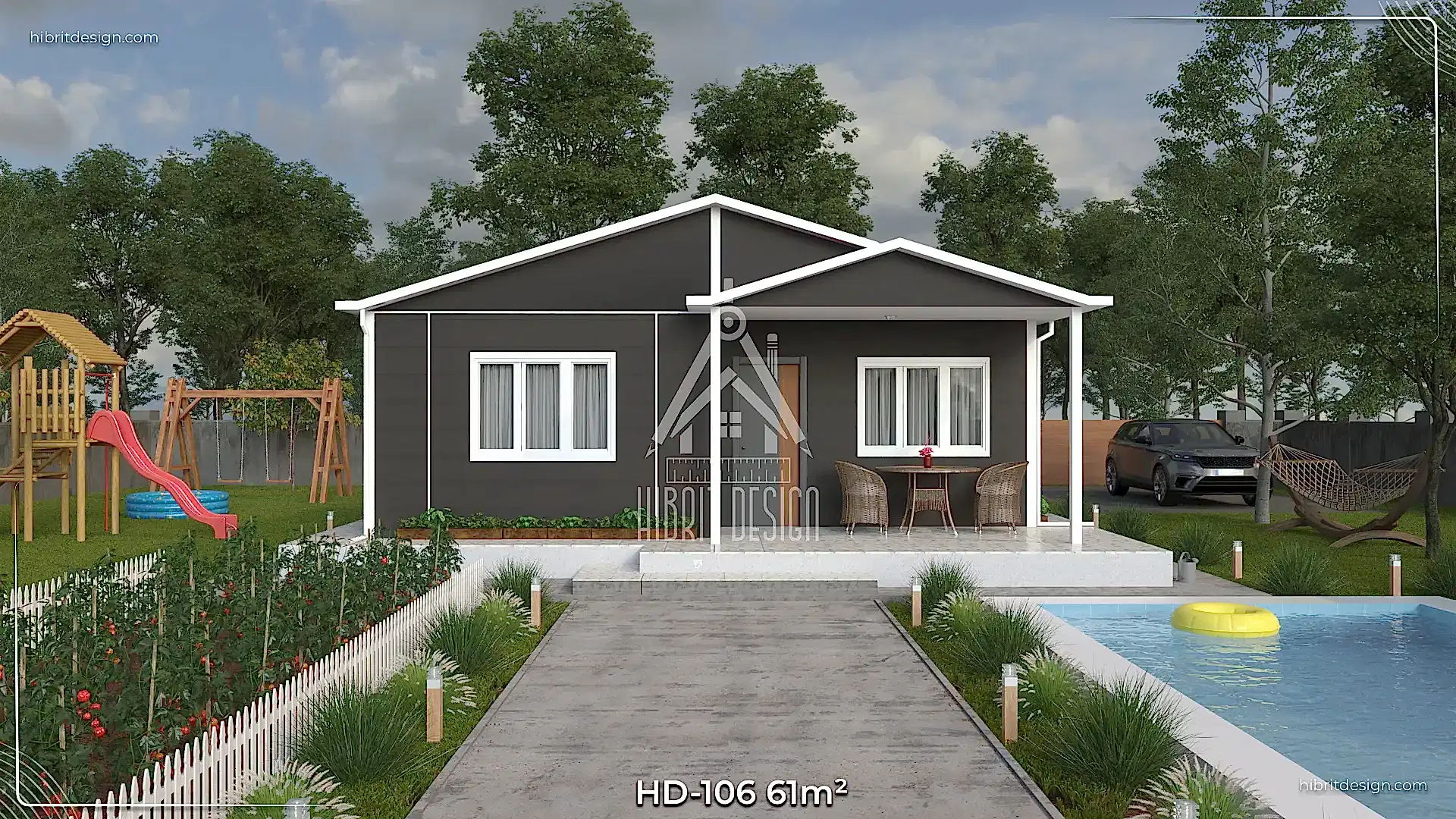 HD-106 61 m² 2+1 tek katlı prefabrik ev, modern mimarili geniş veranda ve ön giriş