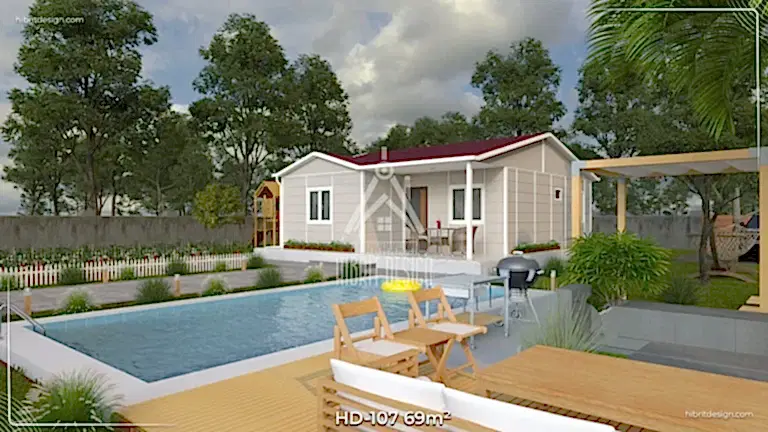 HD-107 69 m² 2+1 tek katlı prefabrik ev, havuz kenarı ahşap deck ve geniş veranda