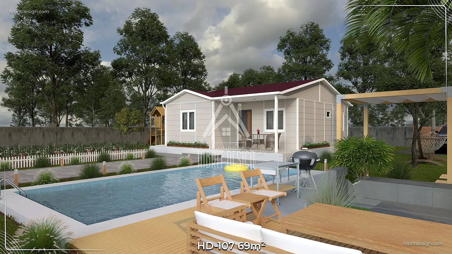 HD-107 69 m² 2+1 tek katlı prefabrik ev, havuz kenarı ahşap deck ve geniş veranda